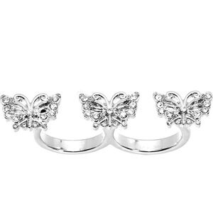 Silver Toned Crystalline Butterfly Trio Double Ring Size 6-7